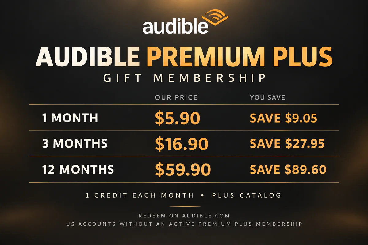 Audible Premium Plus gift membership prices for 1, 3, and 12 months with savings against reference prices